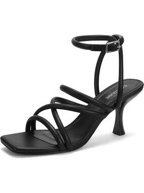 Women's Black Square Toe Strappy Lace Up Heel Sandals Ankle Buckle Kitten Heel
